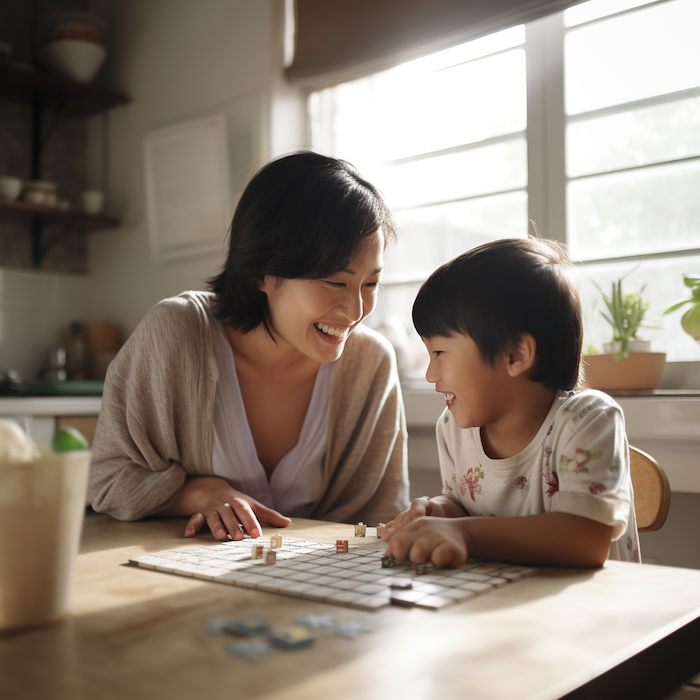 A mum and child playing a board game together at a kitchen table