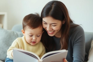 Mum and baby reading a book together