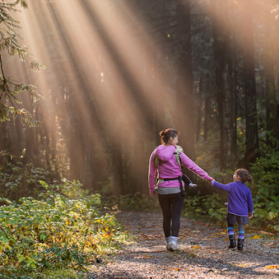 adult and child walking in a forest together with sunbeams coming through the trees