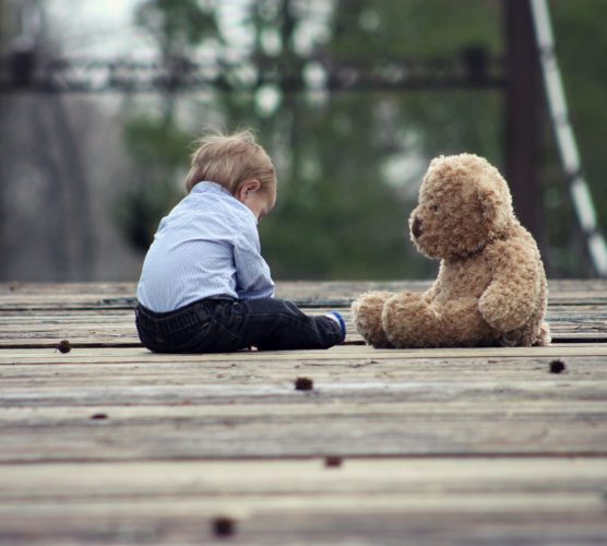 Child and teddy on bridge